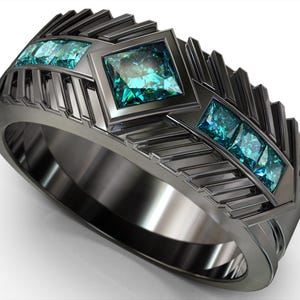Blue Diamond Wedding Band / Black Gold Wedding Band / Mens Black Gold Ring / Mens Diamond Band / Mens Wedding Band Black Gold / Mens Ring image 1