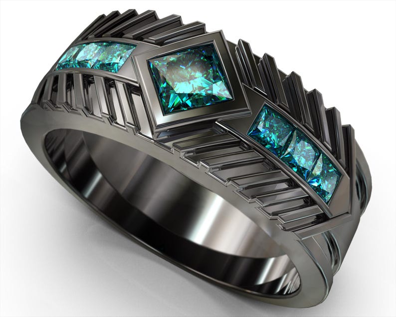 Blue Diamond Wedding Band / Black Gold Wedding Band / Mens Black Gold Ring / Mens Diamond Band / Mens Wedding Band Black Gold / Mens Ring image 1