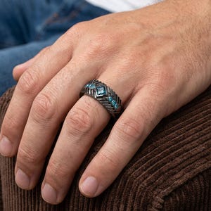Blue Diamond Wedding Band / Black Gold Wedding Band / Mens Black Gold Ring / Mens Diamond Band / Mens Wedding Band Black Gold / Mens Ring image 2