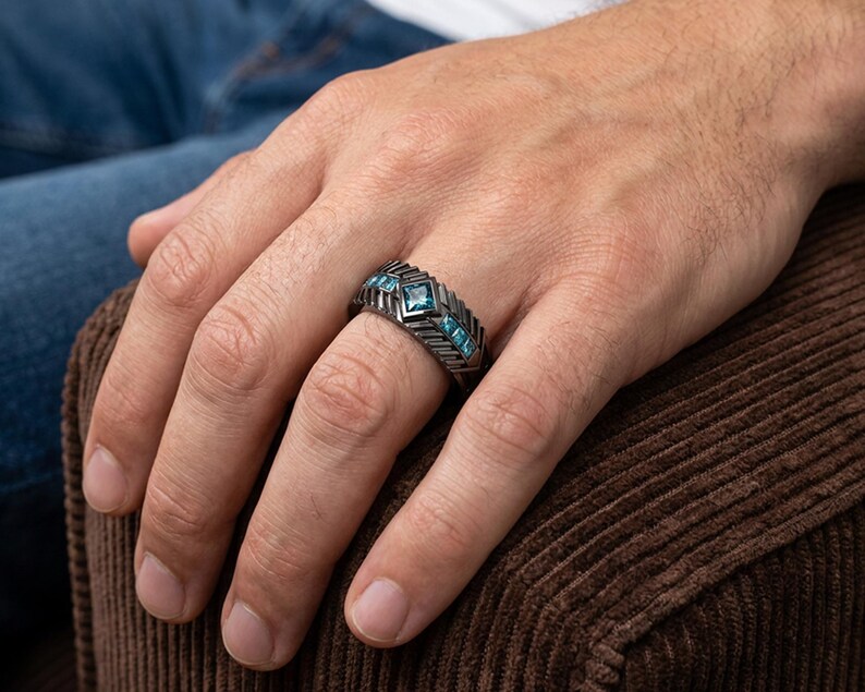 Blue Diamond Wedding Band / Black Gold Wedding Band / Mens Black Gold Ring / Mens Diamond Band / Mens Wedding Band Black Gold / Mens Ring image 2