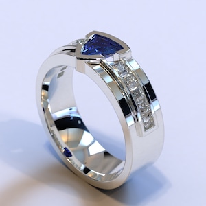 Mens Wedding Band / Trillion Cut Gemstone / Sapphire Wedding Band / Mens White Gold Ring / Mens Sapphire Wedding Band / White Gold Mens Ring