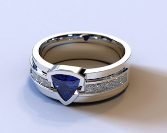 Mens Wedding Band / Trillion Cut Gemstone / Sapphire Wedding Band / Mens White Gold Ring / Mens Sapphire Wedding Band / White Gold Mens Ring