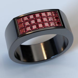 Mens Unique Wedding Band / Black Gold Red Ruby Band / Invisible Setting Wedding Ring / Ruby Gemstone Band / Mens Black Gold Wedding Ring