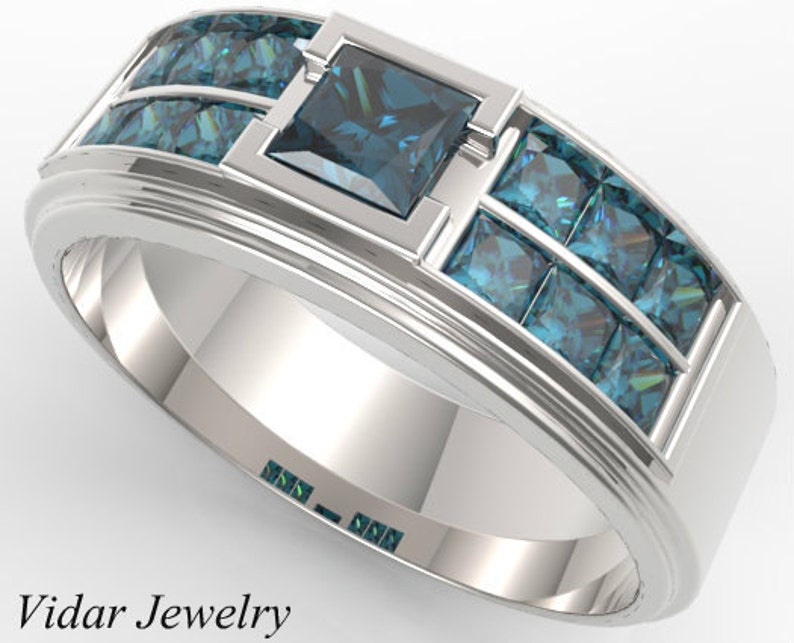 Men's Wedding Band White Gold Blue Diamond Unique Etsy