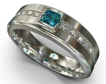 Blue Diamond Wedding Band / Mens Unique Wedding Ring / Diamond Wedding Ring For Men / White Gold Wedding Band / Masculine Wedding Ring