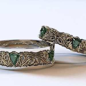 Emerald Gold Matching Wedding Bands / Engagement Ring Pair / Unique Matching Wedding Rings / Couples Rings / Custom Rings