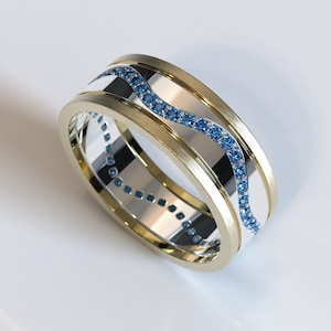 Mens Brushed Gold Wedding Band / Two Tone Gold Ring / Mens Sapphire Wedding Band / Sapphire Trail Ring / Unique Mens Channel Wedding Band
