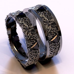 Gothic His And Hers Wedding Bands / Black Gold Wedding Sets His And Hers / Couple Rings / Custom Rings / Black Diamond Wedding Bands