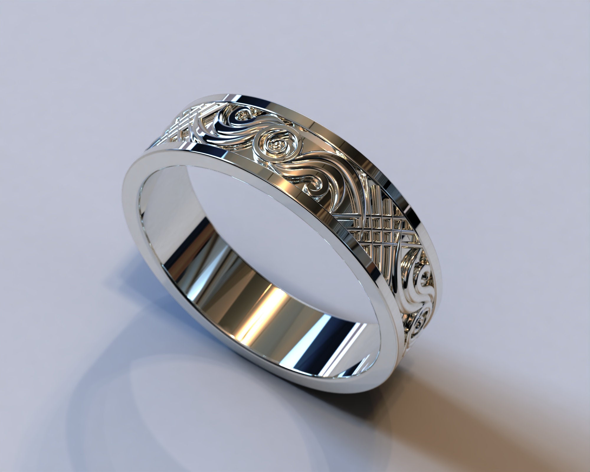 Filigree Wedding Band / Mens White Gold Wedding Band / Engraved Wedding Filigree Wedding Band / Mens White Gold Wedding Band / Engraved Wedding
