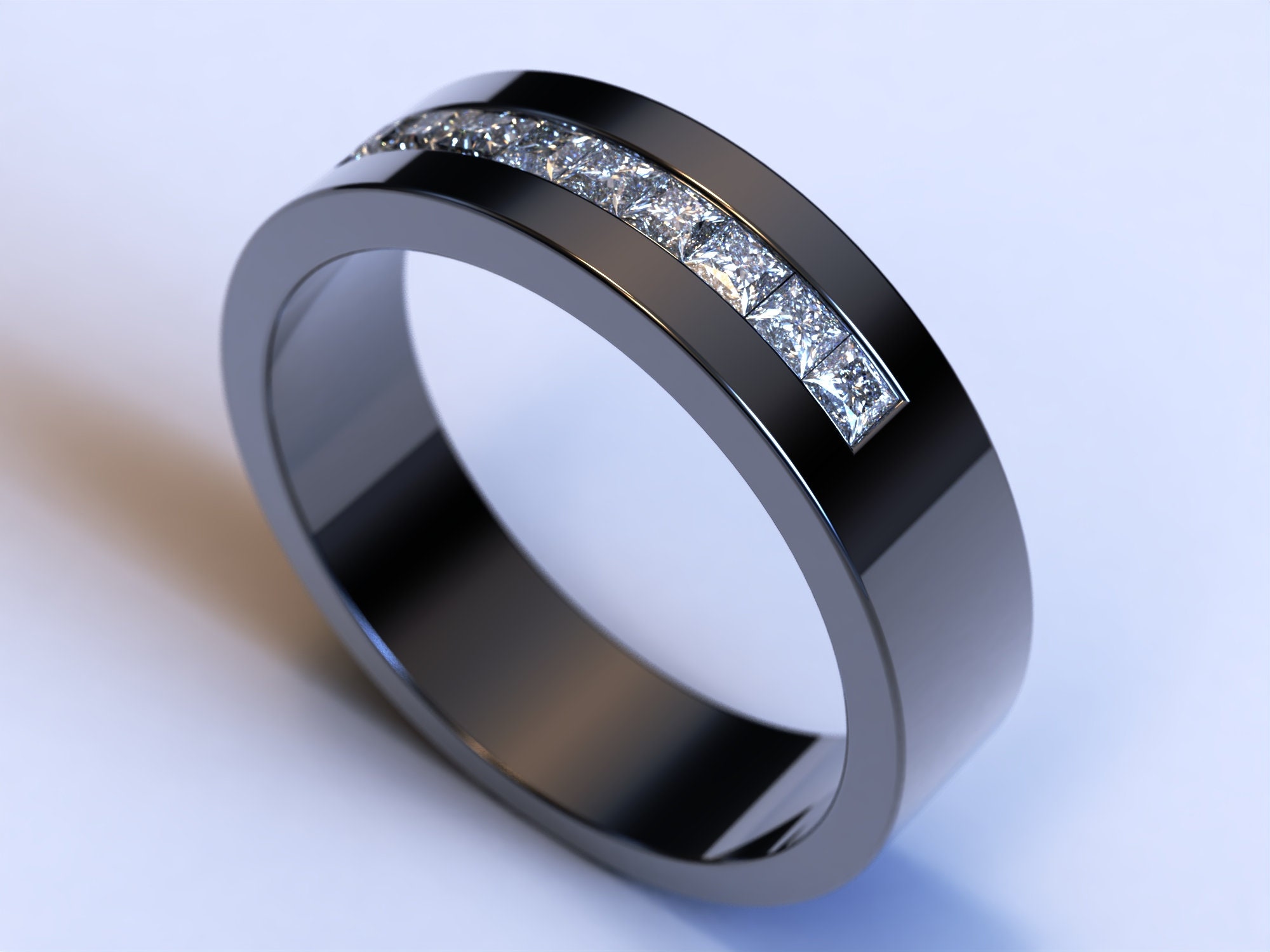 Men Wedding Band, 14K Black Gold Men Wedding Band, Princess Cut Diamond