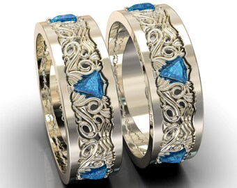 Triangle Diamond Wedding Band / White Gold Wedding band Set / Matching Wedding Bands / Fine Jewelry / 14K Gold / Blue Diamond Ring For Men