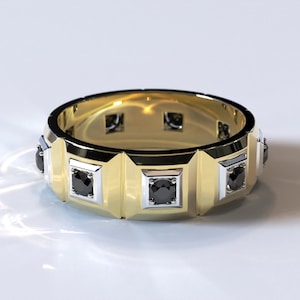 Alianza de boda de oro de 14 quilates con diamantes negros, Anillo único para hombre, Alianza de boda para hombre