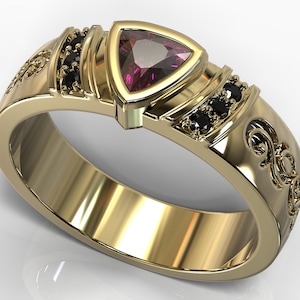 Mens Tribal Wedding Band / Yellow Gold Wedding Band / Mens Ruby Wedding Band / Black and Red Wedding Band / Mens Trillion Ruby Ring