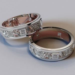 His and His Wedding Rings / Two Tone Wedding Band Set / Man Diamond Wedding Band / Fine Jewelry / Princess Cut Band / 14K Gold Wedding Ring