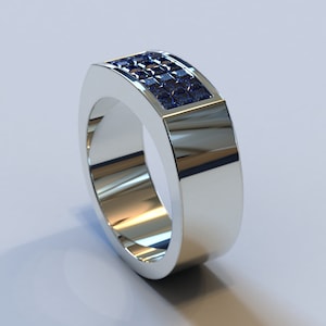 18K White Gold Signet Wedding Band for Men with Blue Sapphire in Invisible Setting / White Gold Wedding Band / Blue Sapphire Ring Men