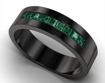 Smaragd vigselring / Smaragd ring / Svart guld vigselring för män / Svarta vigselringar / Smaragd vigselring för män / Smaragdring