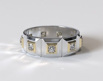Two Tone Gold Wedding Band / Unique Mens Wedding Ring / Unique Design Wedding Band / Mens Handcrafted Ring / Mens Diamond Ring / Mens Band