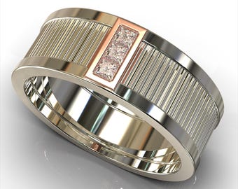 Two Tone Gold Wedding Band / Diamond Wedding Ring / Men's Textured Wedding Band / Unique Wedding Ring For Men / Groom Diamond Wedding Ring
