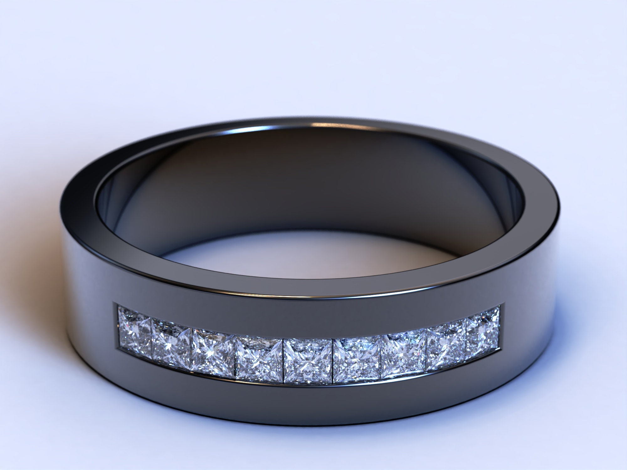 Men Wedding Band, 14K Black Gold Men Wedding Band, Princess Cut Diamond