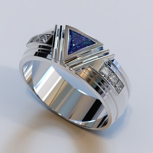 Mens Sapphire Ring / Triangle Gemstone Band / Mens Wedding Ring / White Gold Sapphire Band / Sapphire Wedding Band For Men / Unique Ring
