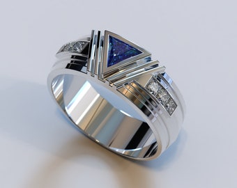Mens Sapphire Ring / Triangle Gemstone Band / Mens Wedding Ring / White Gold Sapphire Band / Sapphire Wedding Band For Men / Unique Ring