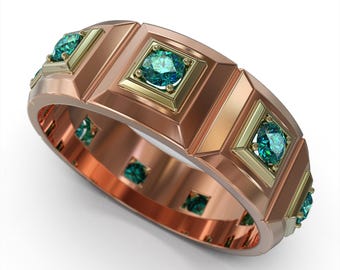 Unique Mens Wedding Band / Ornate Wedding Ring / Mens Blue Diamond Ring / Two Tone Gold Wedding Band / Mens Rose Gold Wedding Ring