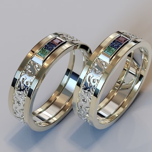 Rainbow Gemstone Ring / His And His Wedding Bands / Sapphire Ring For Men / Unique Wedding Rings Men / Fine Jewelry / Matching Wedding Bands