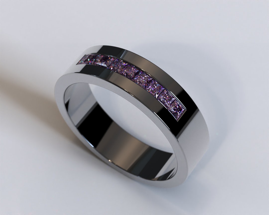 Mens Amethyst Wedding Band / Mens Black Gold Wedding Band / Unique Wedding Band / Mens Channel
