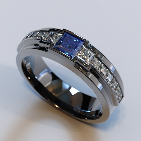 Diamanten saffierring / heren trouwring saffier / zwartgouden saffierring / saffiertrouwring / zwartgouden herenring / herenband