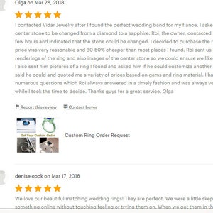 May include: Customer reviews for Vidar Jewelry, including a 5-star rating and text about a custom ring order. The reviews mention a wedding band, sapphire stone, and excellent customer service. The image also includes a call to action to get a custom order.