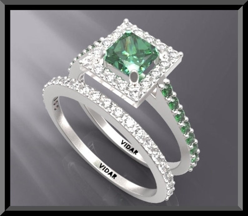 Green Emerald Diamond Wedding Ring Set 14k White Gold Etsy