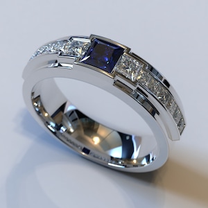 Sapphire Wedding Band / White Gold Mens Band / White Gold Wedding Band / Square Cut Sapphire Band / Mens Diamond Wedding Band / Mens Ring