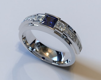 Sapphire Wedding Band / White Gold Mens Band / White Gold Wedding Band / Square Cut Sapphire Band / Mens Diamond Wedding Band / Mens Ring