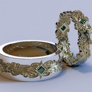 Emerald Matching Wedding Band Set / Engagement Rings Pair /  Wedding Ring Set His And Hers / Couples Promise Rings / Custom Jewelry