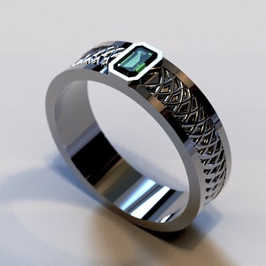 Anello da uomo in oro nero con smeraldo / Fedi nuziali incise da uomo / Anello da uomo con smeraldo / Fedi nuziali da uomo con smeraldo / Fedi nuziali tribali incise