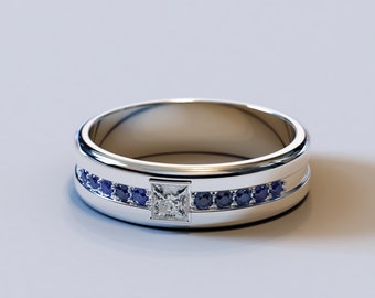 Sapphire Wedding Band / Mens Diamond Ring / Unique Wedding Band / Classic Wedding Ring / Mens Elegant Wedding Ring / White Gold Mens Band