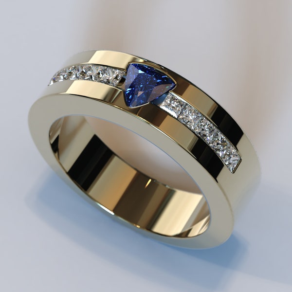 Gouden saffierring / gouden herentrouwring / heren trouwring saffier / biljoen geslepen saffier / unieke diamanten herenring