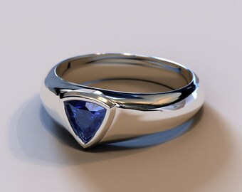 Mens White Gold Wedding Band / Tapered Wedding Band / Trillion Sapphire Wedding Ring / Mens Sapphire Ring / Mens Wedding Band / Unique Ring