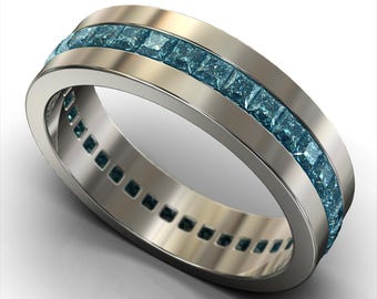 White Gold Blue Diamond Mens Wedding Band