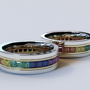 Rainbow Gemstone Ring, His And His Wedding Bands, Sapphire Ring For Men, Unique Wedding Rings Men, Fine Jewelry, Matching Wedding Bands