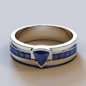 White Gold Sapphire Band / Men&#39;s Wedding Band / White & Blue Wedding Band / Unique Sapphire Ring / Trillion Cut Ring / Men&#39;s White Gold Band