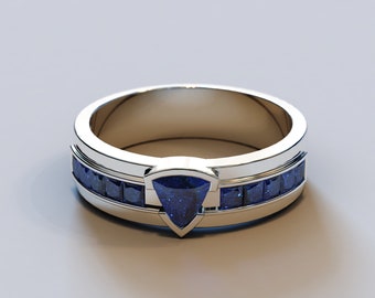 White Gold Sapphire Band / Men's Wedding Band / White & Blue Wedding Band / Unique Sapphire Ring / Trillion Cut Ring / Men's White Gold Band