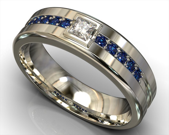 sapphire-wedding-band-mens-diamond-ring-unique-wedding-etsy