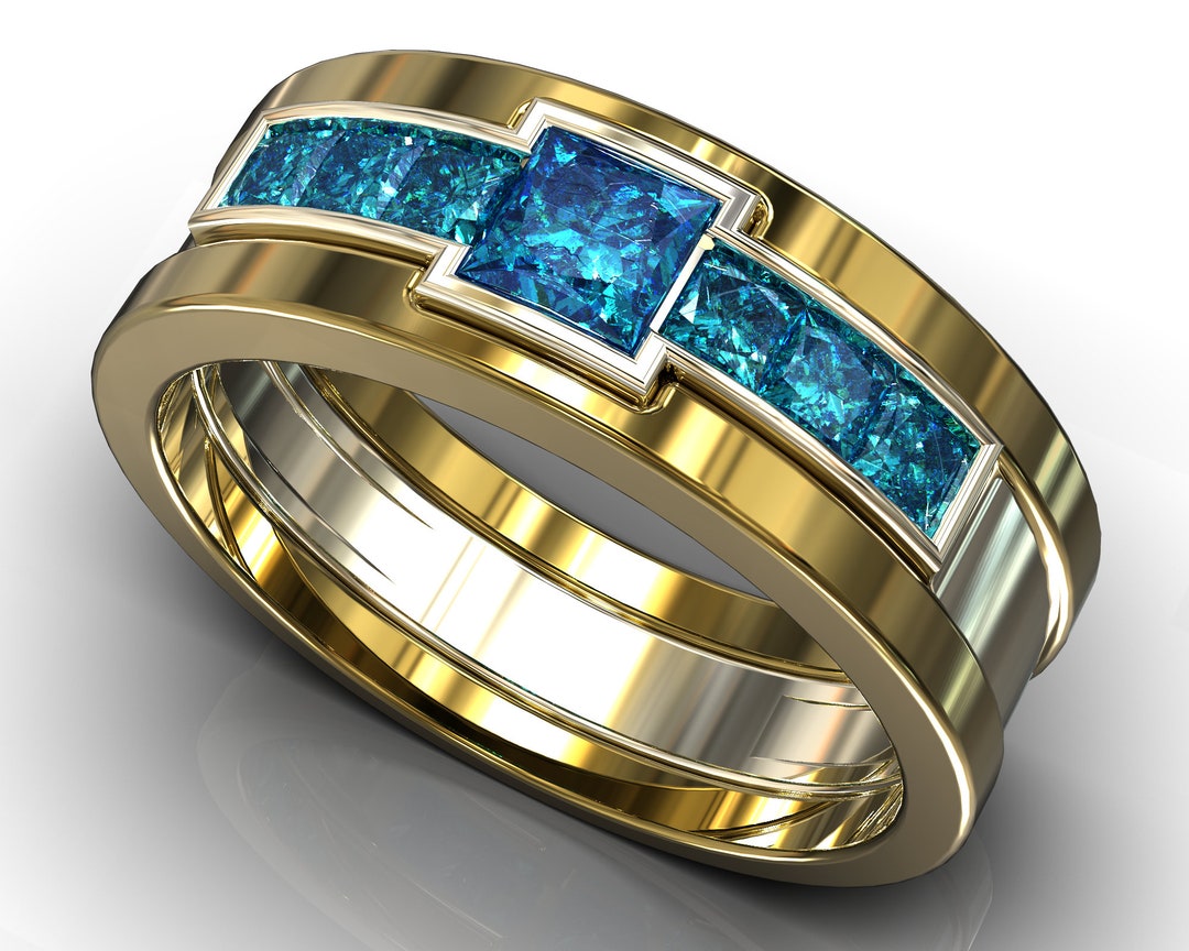 Mens Blue Diamond Wedding Band / Unique Mens Wedding Band / - Etsy