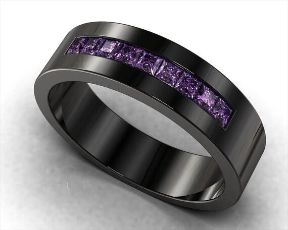Mens Amethyst Wedding Band / Mens Black Gold Wedding Band / Etsy
