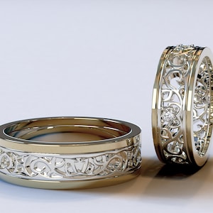 Two Tone Wedding Ring / Men&#39;s Wedding Band / Diamond Wedding Band Set / Fine Jewelry / Artisan Jewelry / Unique Matching Wedding Band Set