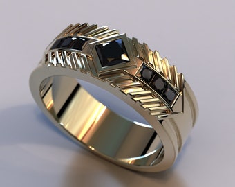 Mens Gold Wedding Band / Mens Black Diamond Ring / Black And Gold Ring Men / Engraved Gold Ring / Man Wedding Band Black Diamond