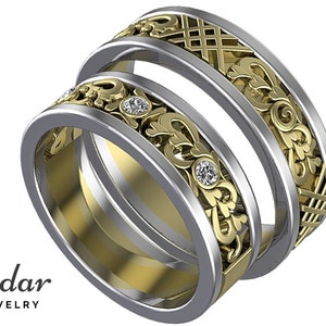 Two-Tone Wedding Ring Set His And Hers With Diamonds / Handmade Jewelry /  Couples Promise Rings /  Filigree Ring