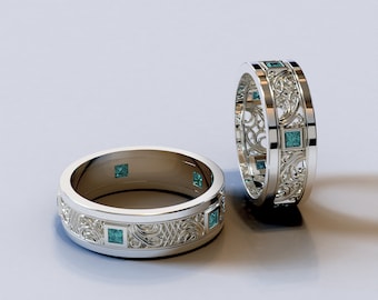 CUSTOM ORDER - VJ / His And Hers Wedding Bands With Blue Diamonds / Wedding Sets His And Hers