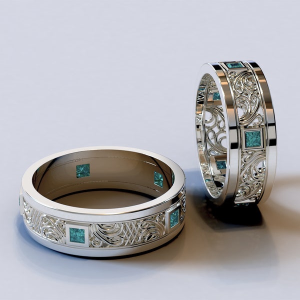 CUSTOM ORDER - VJ / His And Hers Wedding Bands With Blue Diamonds / Wedding Sets His And Hers